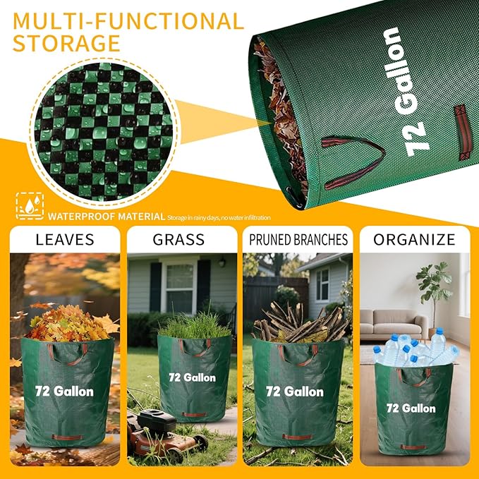 Reusable Yard Waste Bags - 3 Pack, 72 Gallon Lawn Bags with Reinforced Handles, Ideal for Grass, Leaves, and Yard Waste - Durable and Garden Waste Bags, Collapsible Lawn Leaf Bag, Leaf Bag Stand Up.