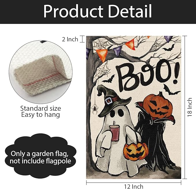 Halloween Garden Flag 12x18 Inch Double Sided for Outside, Small Burlap Boo Ghost Pumpkin Yard Flag Holiday Outdoor Decorations