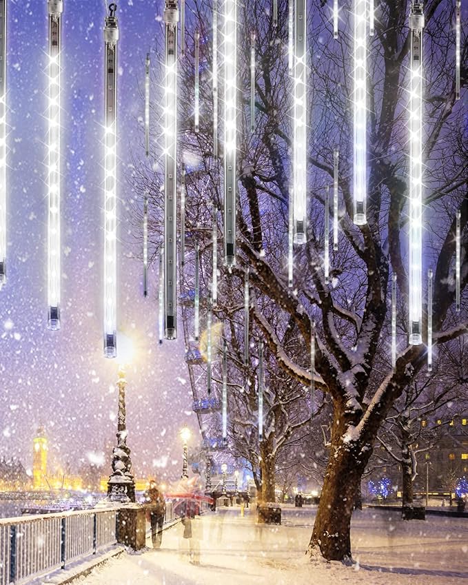 Cool White 20 Tubes Meteor Shower Icicle Lights 480 LED Raindrop Lights with Timer Function Cascading Falling Rain Light for Holiday Party Christmas Decorations
