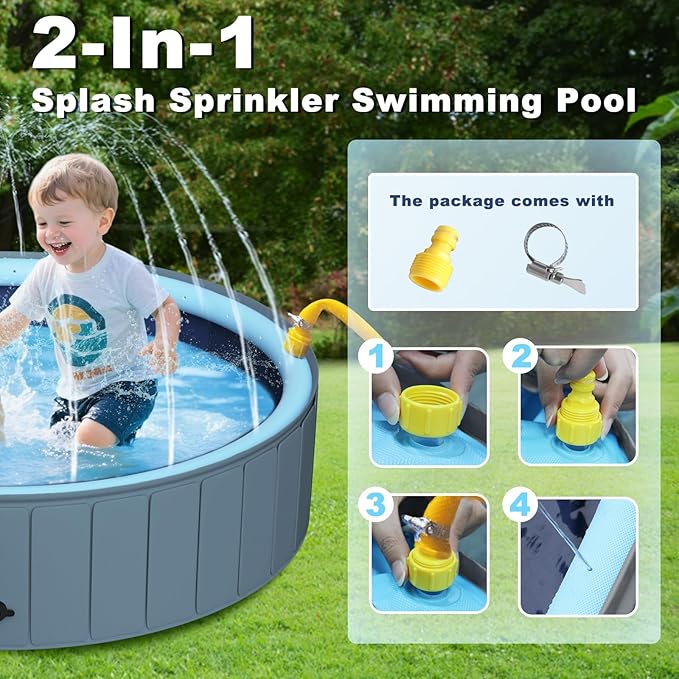 UCCY 2-in-1 Foldable Dog Pool for Large Dogs Hard Plastic Splash Sprinkler Kiddie Swimming Pool Non-Slip Portable Dog Bathtubs Collapsible Multi-Use Whelping Box Ball Pit Duck Pond Grey L-48"x12"