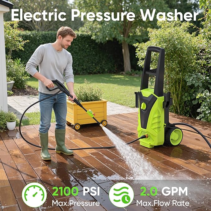 DUMOS Electric Pressure Washer, High Pressure Cleaning Machine with Foam Cannon, 2.0 GPM Power Washer with 5 Quick Connect Nozzles for Fences Decks Patios