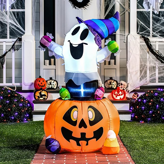 Joiedomi 5 FT Tall Halloween Inflatable Ghost Outdoor Decor, Blow Up Ghost Gripping Candy on Pumpkin with LED Lights, Halloween Yard Decoration for Garden