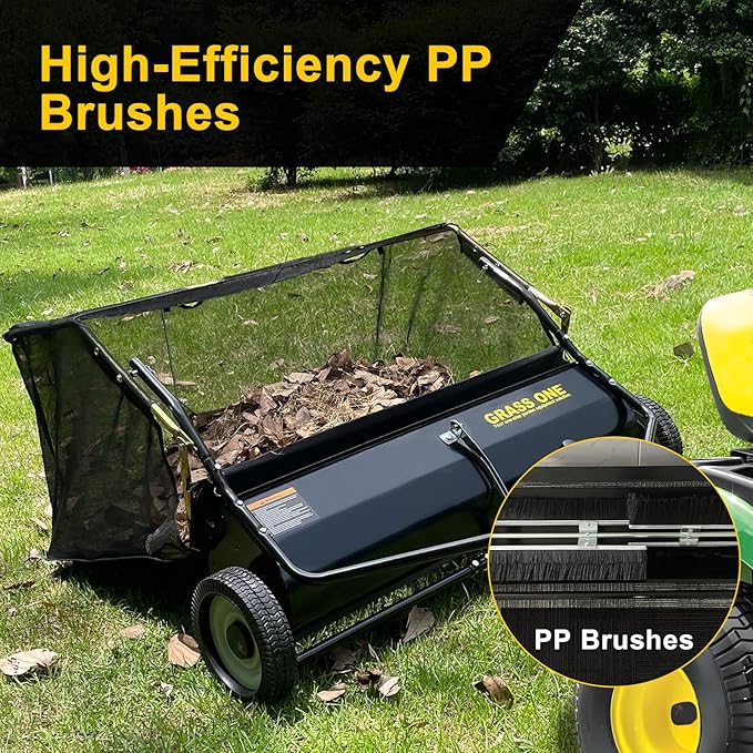 44 Inch Tow-Behind Lawn Sweeper with 25 Cu.Ft Hopper Bag, Adjustable Brush Height & Easy Dump-from-Seat – Picks Up Leaves, Grass & Yard Debris, Garden Gift