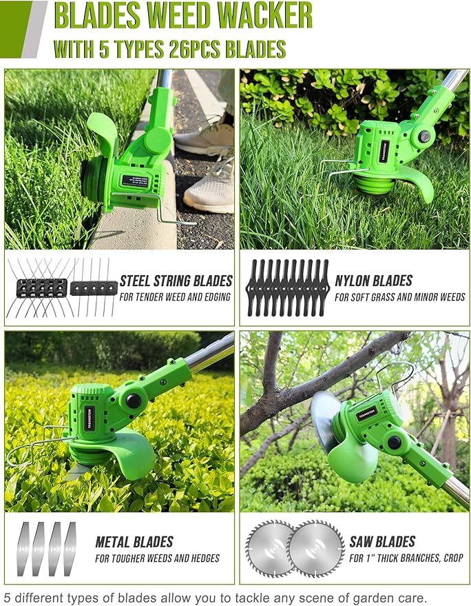 Cordless Weed Wacker, 21V Electric Weed Eater Battery Powered, 3 in 1 Grass Trimmer Cordless with 2 Batteries & Metal Blade, Electric Weed Trimmer/Lawn Edger/Brush Cutter for Yard Garden