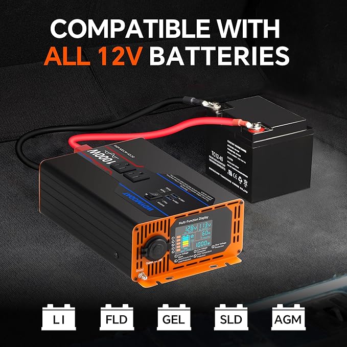 1000W Pure Sine Wave Inverter, Car Power Inverter 12V to 110V 120V, DC to AC Converter Generator with AC Outlets 3.0A USB Type-C, Remote Controller LCD Display Truck Inversor for Vehicles, RV
