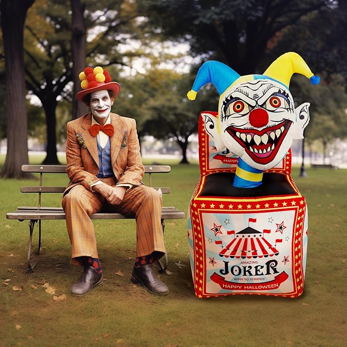 WBHome 5 Ft Halloween Inflatable Circus Clown Box Outdoor Decorations, Blow Up Yard Decor with Built-in LED Light (Plug in) for Lawn Home Party Indoor Outdoor