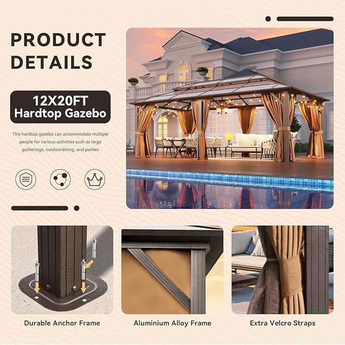Aoxun Hardtop Gazebo, Aluminum Frame Permanent Pavilion with Netting and Curtains, Outdoor Polycarbonate Double Roof Canopy, Designed for Lawn, Garden, Patio (Brown, 12'x20' with Ground Anchor)