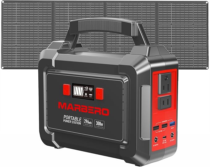 MARBERO Solar Generator 296Wh Portable Power Station with Solar Panel 60W Included Power Bank with AC Outlets 300W Pure Sine Wave with Foldable Panel Set for Camping Home Outdoor Emergency