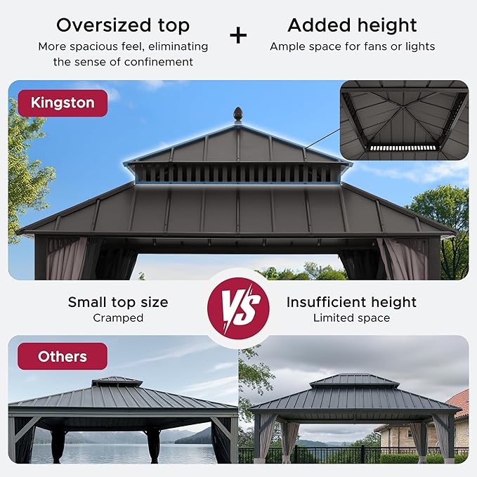 SUNJOY Kingston 12' x 12' Hardtop Gazebo with Galvanized Steel Double Roof, Curtain and Netting, Brown Aluminum Posts Permanent Pavilion Gazebo for Garden, Patio, Deck, Lawn