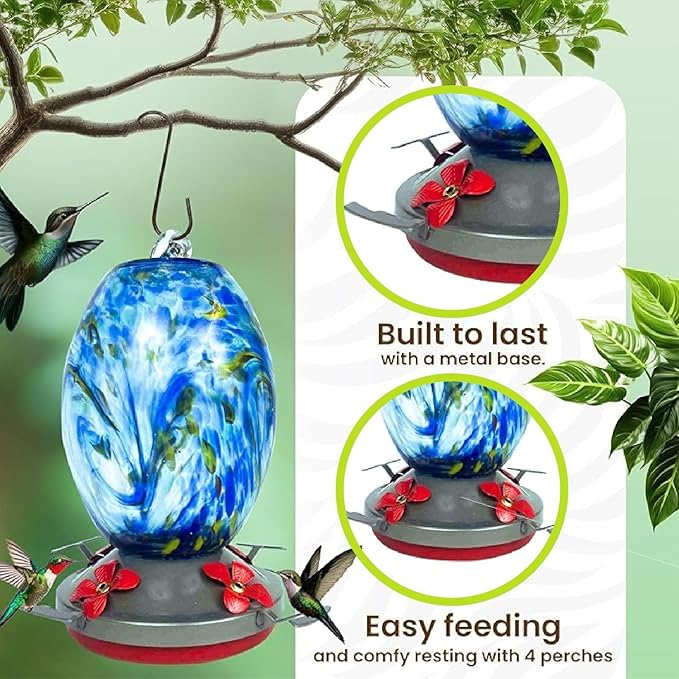 Nature Gear Hummingbird Feeder, Hanging-Mount Glass Hummingbird Feeders for Outdoors, Hand-Blown Glass Feeder with Ant Moat for Garden Hummingbirds, Easy to Clean & Rust Resistant, Sky Blue