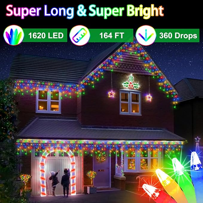 1620 LED Christma Lights with 360 Drops, 164ft Outdoor Hanging lights with 8 Modes & Timer Memory, Outsite Waterproof Curtain String Lights for Front House Fence Tree Holiday Decorations Multicolor