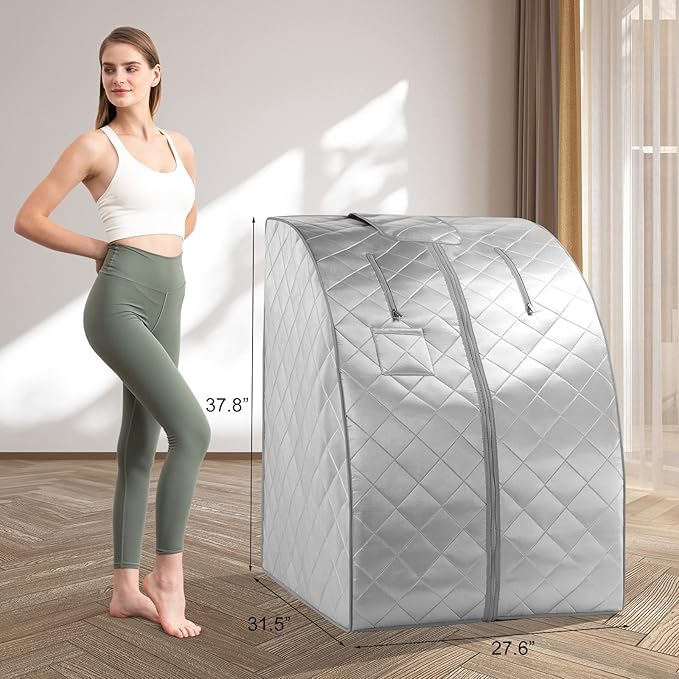 Portable Far Infrared Sauna for Home, Personal Sauna Spa for Relaxtion & Detox at Home, 1 Person Full Body Sauna Tent with Separate Heating Foot Pad & Foldable Chair (L 27.6’’ x W 31.5’’ x H 37.8’’)