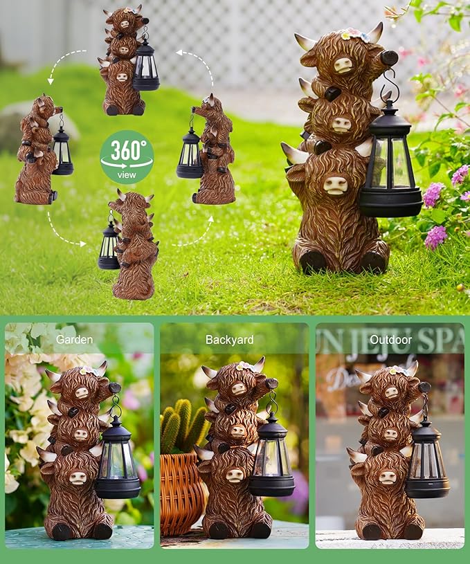Solar Highland Cow Outdoor Decor:Garden Statue Outside Lantern Ornaments for Yard Lawn Patio Porch- Unique Gifts for Mom Women Grandma(Brown)