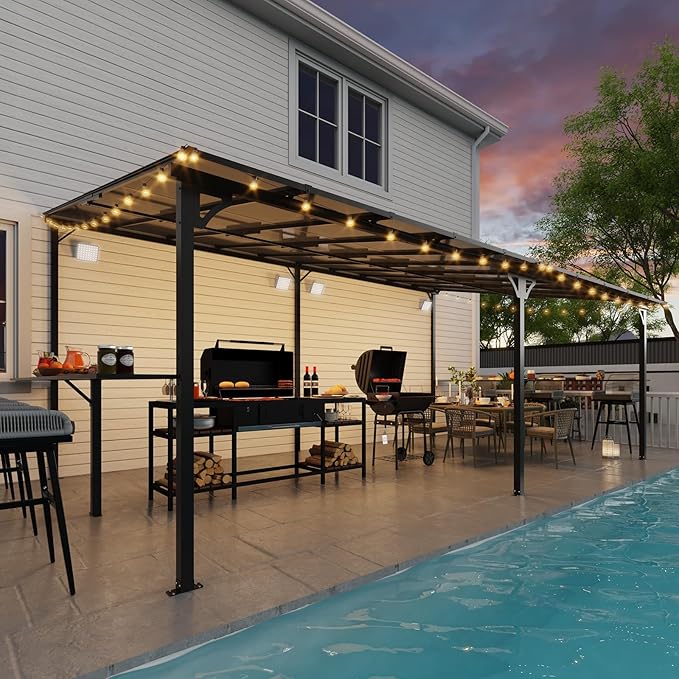 MEISSALIVVE 12' x 20' Wall Mounted Gazebo, Outdoor BBQ Grill Gazebo with Side Shelf, Lean to Metal Awnings with Sloped Roof, Heavy Duty Pergola for Backyard, Deck, Black