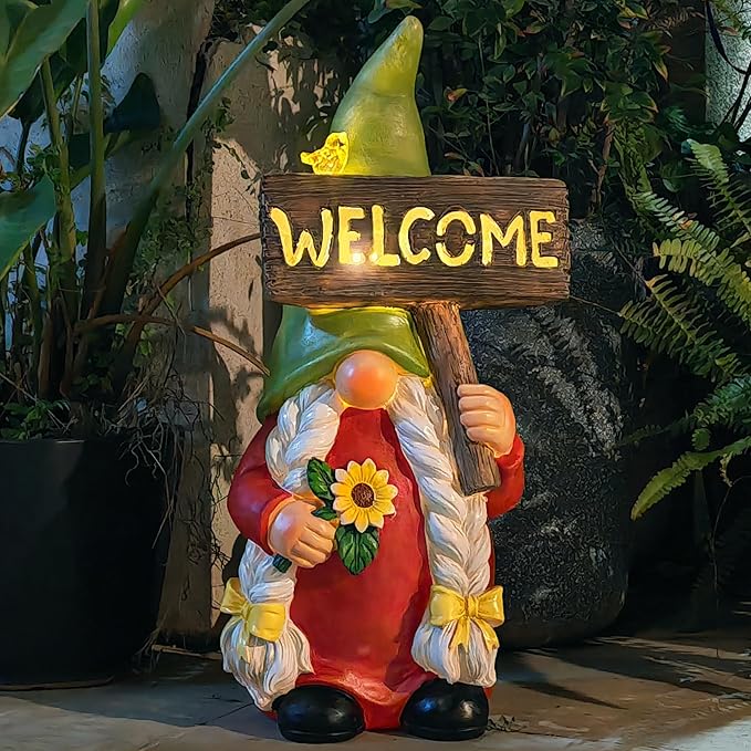 22" Solar Large Gnome Lady Garden Statue Big Female Gnome with Welcome Sign Outdoor Decor with LED Lights Home Porch Yard Patio Lawn Ornament Christmas Housewarming Gardening Gift