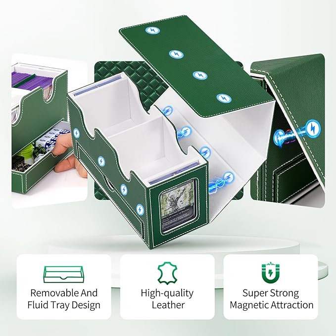 Card Deck Box for MTG, Double Card Storage Box with 2 Commander Display & 1 Dice Tray, Fits 200+ Double Sleeved Cards, Organizer for CCG TCG Sports Cards (Green White)