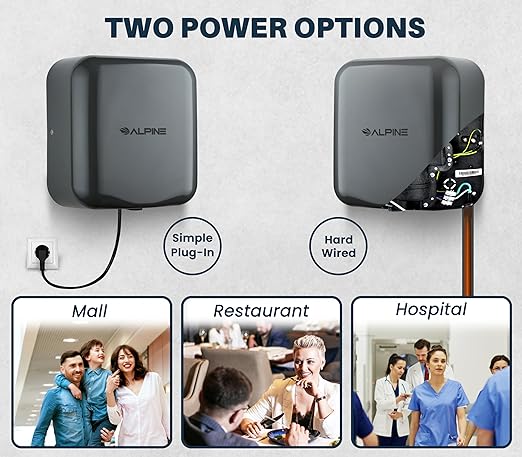 Alpine Automatic Hand Dryers for Bathrooms Commercial High Speed 110-120V Stainless Steel Electric Hand Dryer, Plug In & Hardwire Options with Air Filter, ADA & UL Compliant & 5 Years Coverage (Grey)