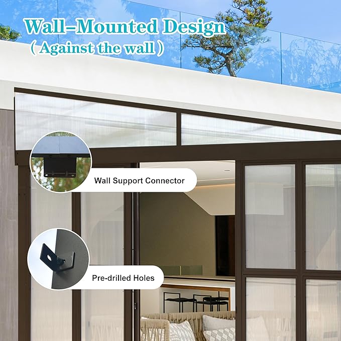 12x16FT Lean to Sunroom, Patio Wall Mounted Solarium All Weather Use, Against The Wall Enclosed Gazebo Small Guest House with Removable Polycarbonate Roof/Windows, 2 Lockable Sliding Doors