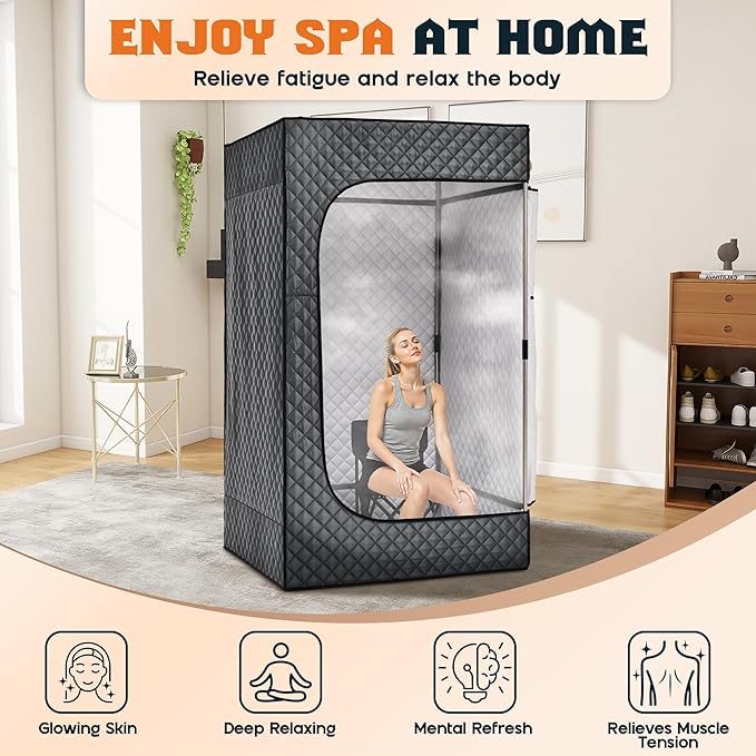 Albott Portable Sauna Box for Home, Person Steam Sauna Tent with 3L 1500W Steamer, Extra Large Size 3.3’ x 3.3’ x 5.9’ Full Body Home Spa, Remote Control, Folding Chair, Grey