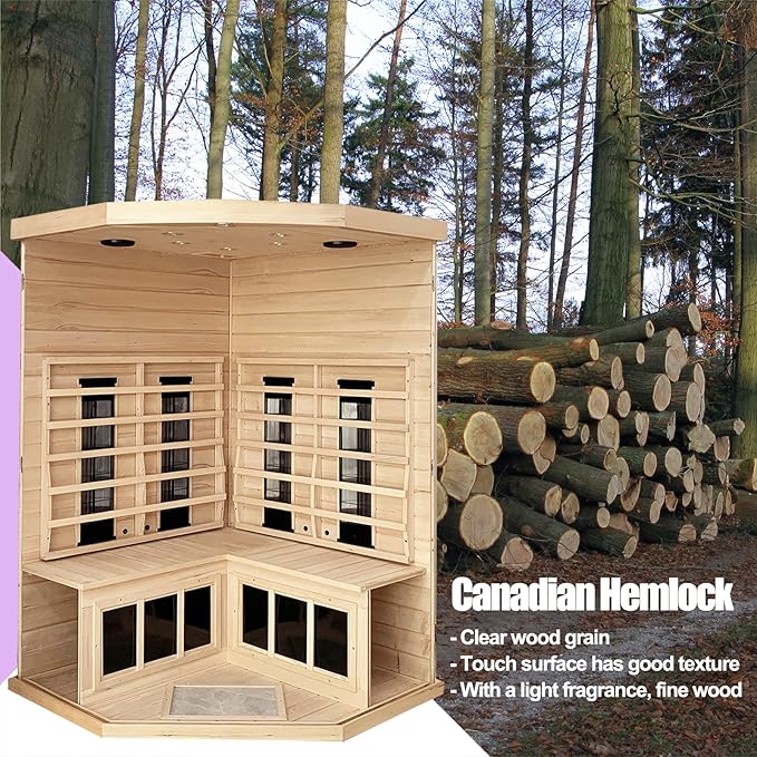Ceramic Infrared Sauna, 2-3 Person Home Sauna, Canadian Hemlock Indoor Corner Sauna Spa, Wooden Sauna Room, 5 Low EMF Heaters + 4 Ceramic Tubes, Bluetooth Speakers, Chromotherapy Lights