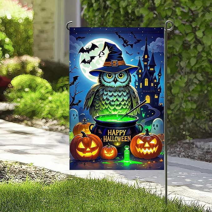 Garden Flags 12x18 Inch Halloween Garden Flag Fall Flags for Outside Vertical Double-Sided Owl Witch Cauldron Pumpkin Haunted Castle Outdoor Holiday Yard Banner for Porch Lawn Decoration