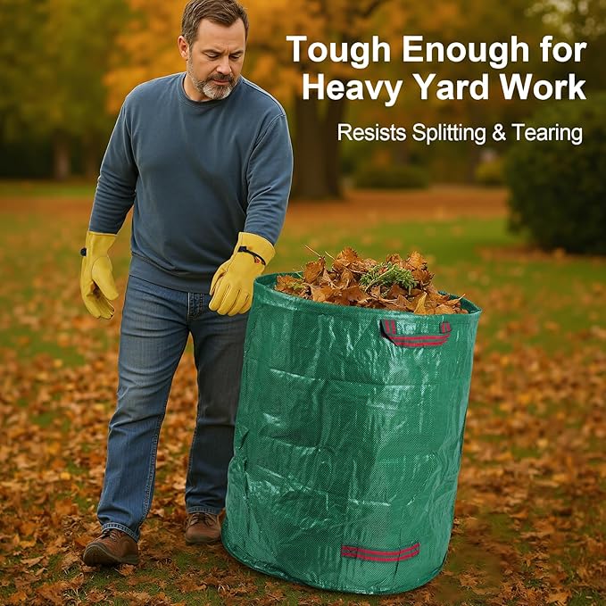 3-Pack 72 Gallon Self-Standing Yard Waste Bags with Cowhide Gloves — Heavy-Duty 150 GSM Woven PE, Double-Layer Reinforced Bottom, Four Handles, Reusable Leaf Bags for Lawn & Garden