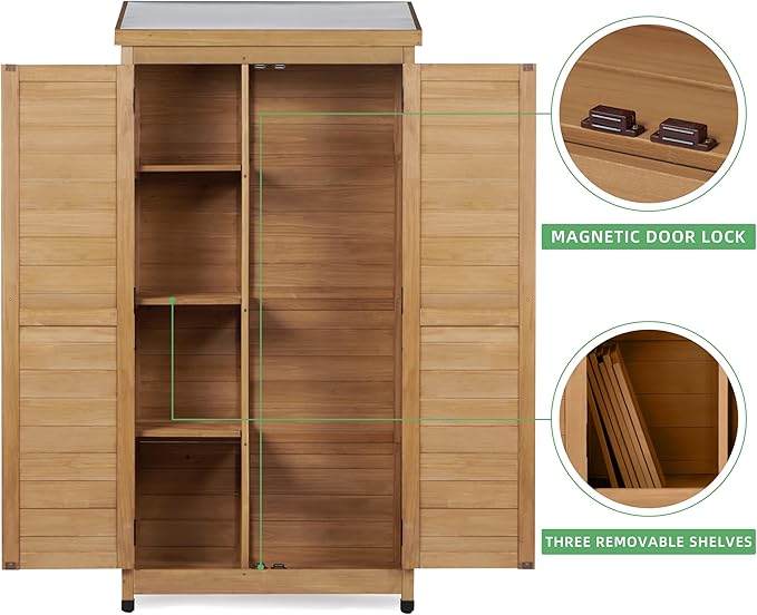 68''x33''x20'' Outdoor Wooden Storage Shed with Metal Top Tall Vertical Tool Cabinet for Backyard Garden Patio Lawn (Gold)