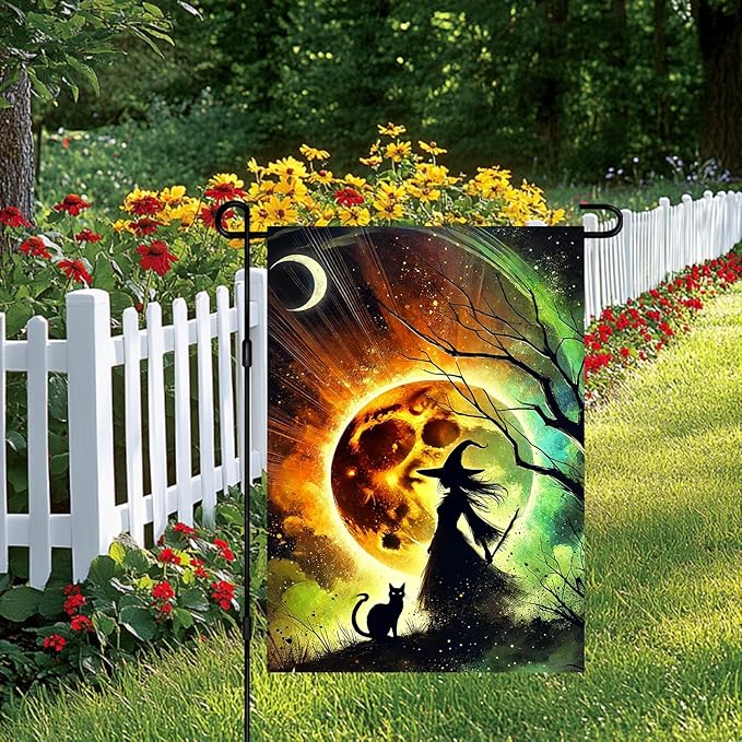Halloween Horror Garden Flag 12x18 Inch Witch Silhouette Black Cat Moonlight Flag Outdoor Yard Decoration House Banner Porch Lawn Patio Home Decor
