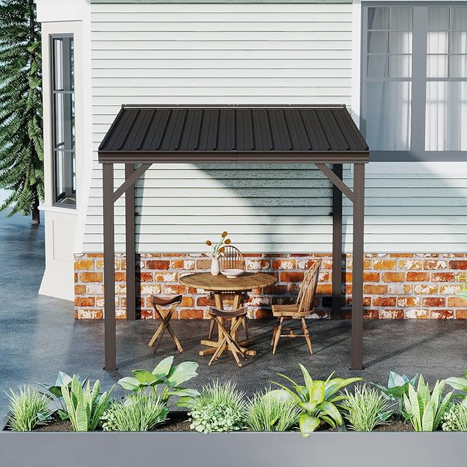 Domi 8’ x 8’ Wall-Mounted Hardtop Gazebo Pergola – Permanent Lean-to Outdoor Shelter with Sloped Galvanized Steel Roof & Upgraded Drainage – Grey Metal Patio Cover for Backyard, Deck, Garden, Brown