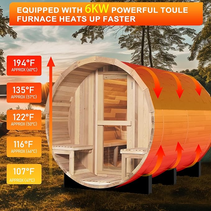Outdoor Barrel Sauna, 6 Person Wood Steam Sauna Room with Porch, 6kw Toule Electric Heater with Sauna Stone, Canadian Helmock, Sauna Accessorie, Roof, 94.48”*70.86“*70.86“ (Helmock)