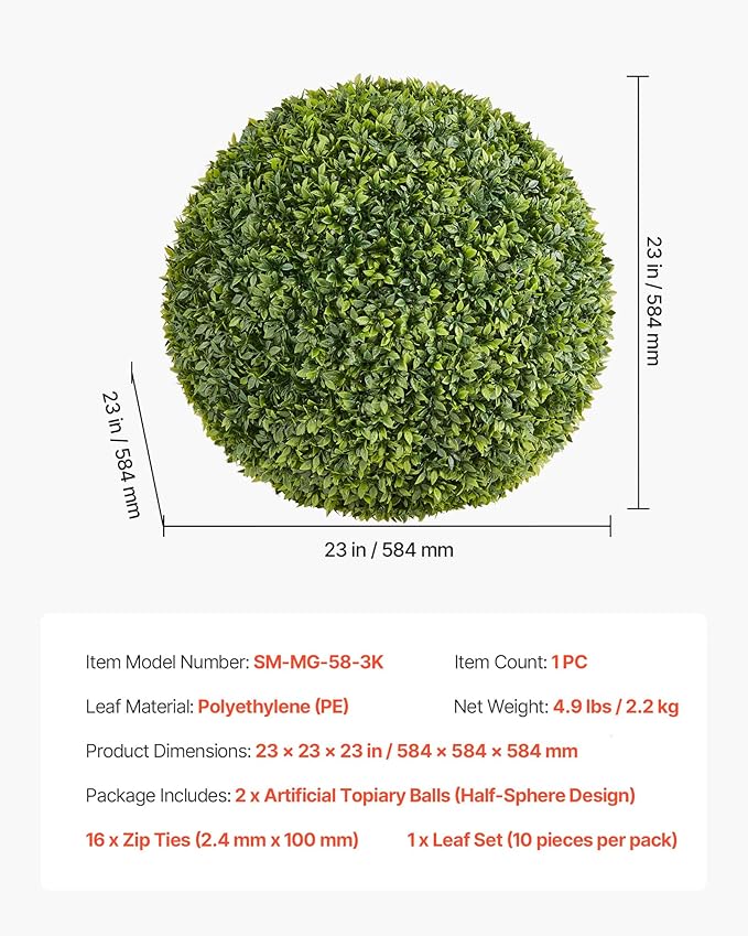 VEVOR Artificial Topiary Ball, 23 inch Faux Boxwood Plant Balls, Fake Silk Tree Look Real, Easy Assembly for Decor Front Porch Outdoor Patio Garden Balcony Backyard and Indoor Home Wedding, Green