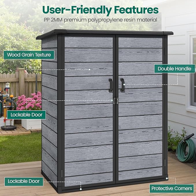 Vertical Outdoor Storage Shed with Floor, 56.8 Cu.Ft Resin Tool Cabinet with Lockable Doors, Waterproof Garden Storage Shed for Patio, Backyard & Garage Organization (Dark Gray)