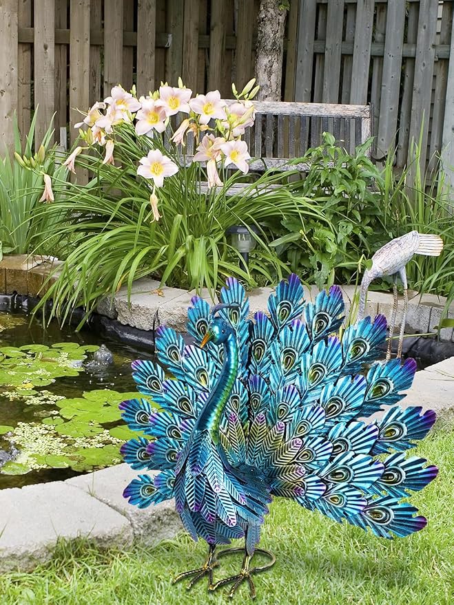 YEAHOME Garden Decor Outdoor Statues, 22.4" Large Metal Peacock Standing Yard Art, Blue Green Bird Lawn Sculptures Garden Decor for Outside Patio Porch Backyard