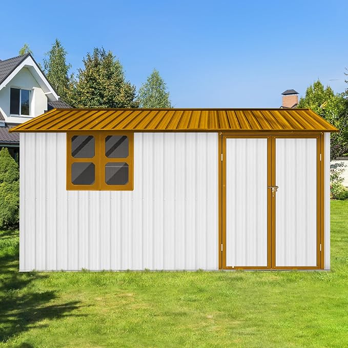 10x12 FT Outdoor Storage Shed,Metal Aluminum Waterproof Tool Sheds with Window,Heavy-Duty Sheds Unit w/Door and Vents,for Storing Bicycles,Lawnmowers,Barbeques,White+Yellow