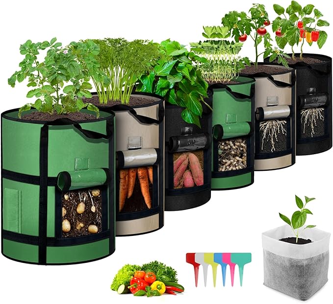 Grow Bags 6Pack - 10 Gallon Potato Grow Bags with Window to Harvest, Thickened Fabric Pots with Handles, Garden Bags to Grow Vegetables, Potatoes Tomato Chili Carrot