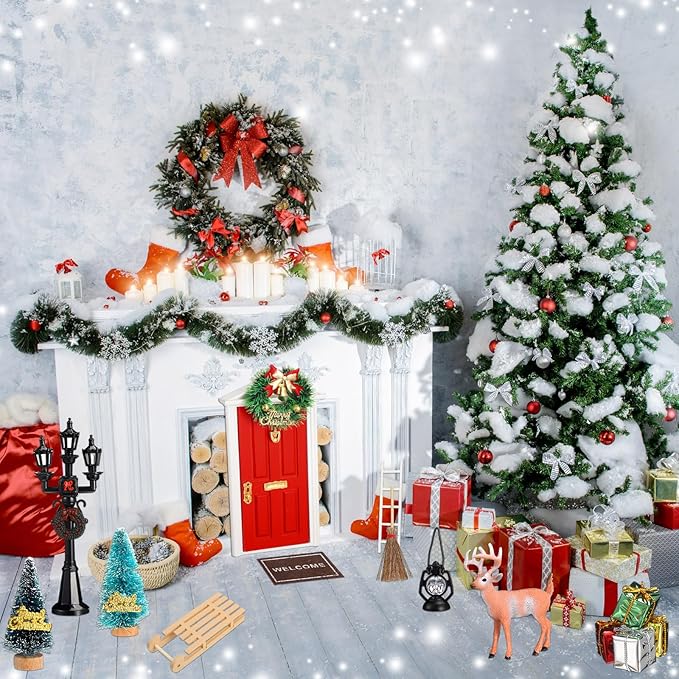 Shappy 39 Pcs Christmas Fairy Door Kit Wooden Elf Fairy Doors Decorations with Accessories Mini Door Tiny Miniature for Christmas Tale DIY Craft Garden Home Party Decoration(Red)