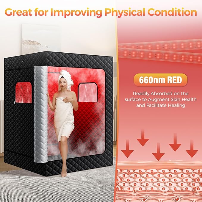 Upgraded 2 Person Sauna Box, Portable Infrared Sauna with 5-Layer Waterproof, 2 Steamers, 2 Folding Chair, 71”x 36”x 49” for Indoor, Outdoor, Gym, Spa, Carbon Black