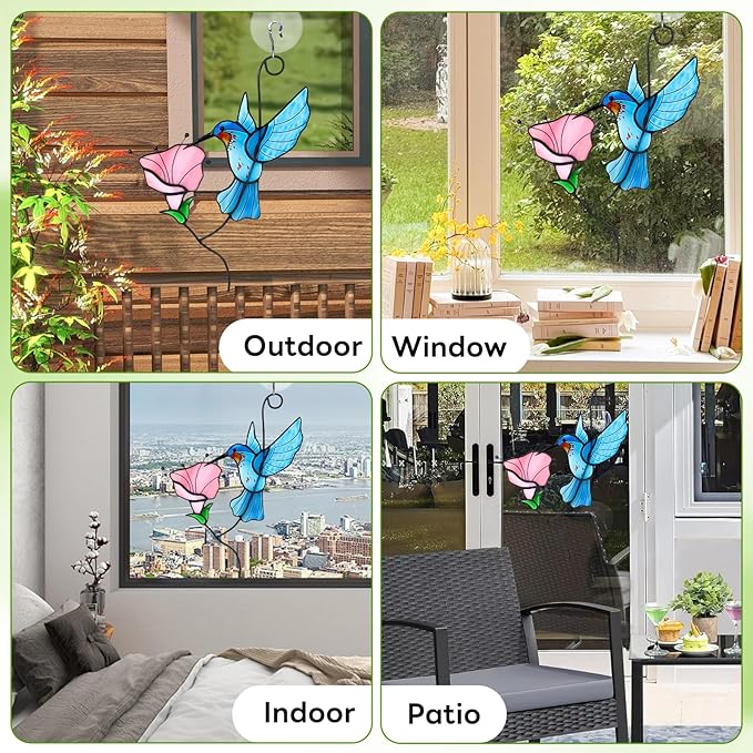 Handmade Stained Glass Hummingbird Suncatcher, Blue Bird with Pink Flower Window Hanging Decor, Art Glass Ornament, Unique Gifts for Mom, Bird Lovers & Home Decoration