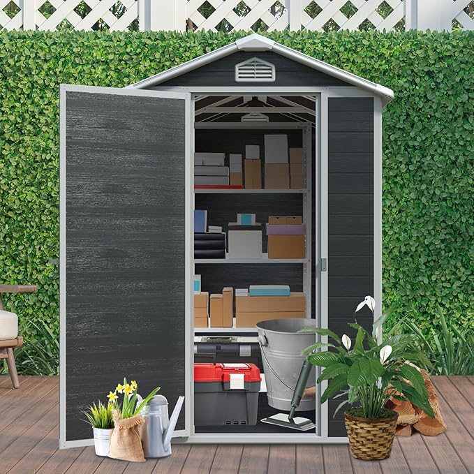 4x6 FT Outdoor Storage Shed,Garden Shed with Floor & Window,All Weather Waterproof Tool House W/Air Vent,Sloped Roof & Lockable Door,for Patio,Yard,Lawn,Black