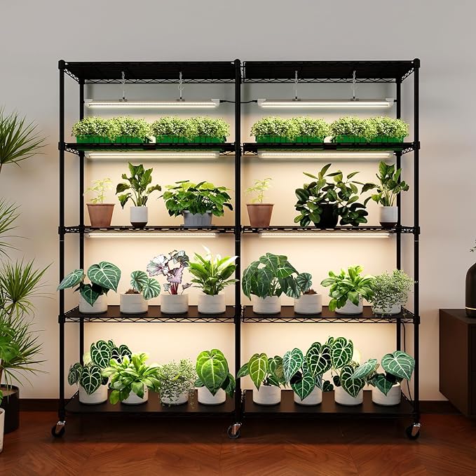 Bstrip 5-Tier Plant Shelf with Grow Light, Large L-Shaped or Long Shape Indoor Plant Stand, 8 Pack 192W T8 Full Spectrum Grow Lights for Indoor Plants & Seed Starting (58L x 13.8W x 59H)
