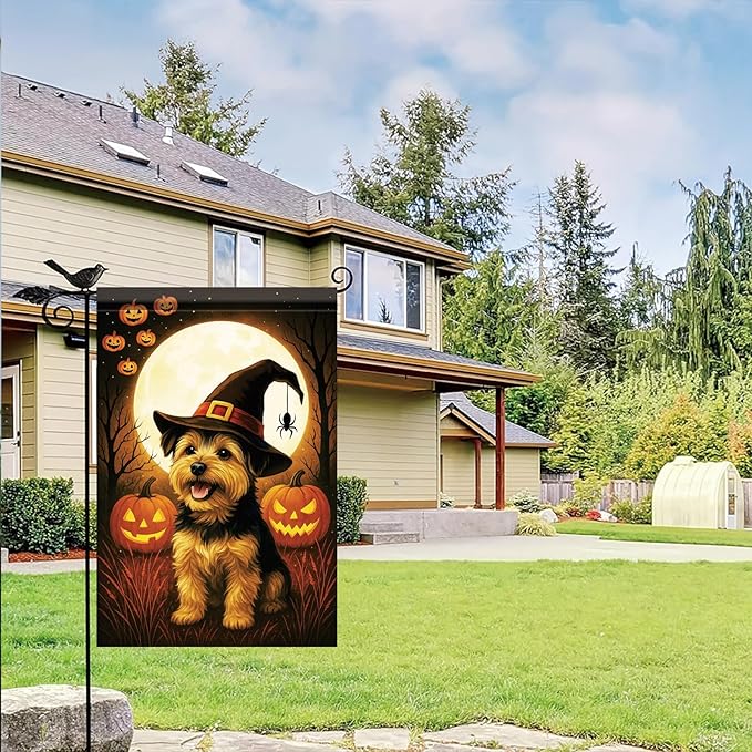 Halloween Garden Flag Yorkshire Terrier Dog Flag 12x18 Inch Double-Sided Pumpkin Witch Hat Spider Yard Banner Fall Outdoor Decoration for Porch Lawn Pathway Dog Lover Gift