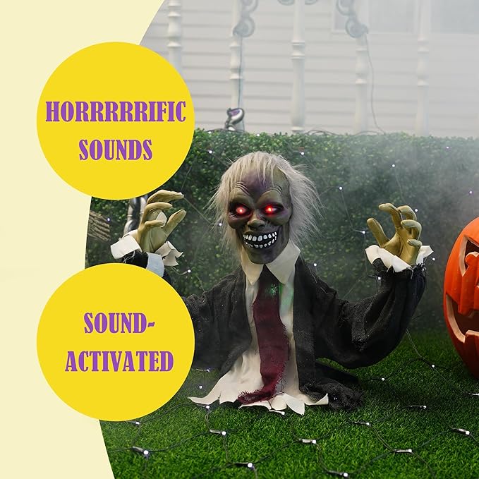 Hourleey Halloween Decorations Outdoor, Animated Scary Zombie Groundbreaker with Creepy Sound, Animatronics Glowing Eyes Zombie Props for Outside Graveyard Lawn Yard Haunted House Decor