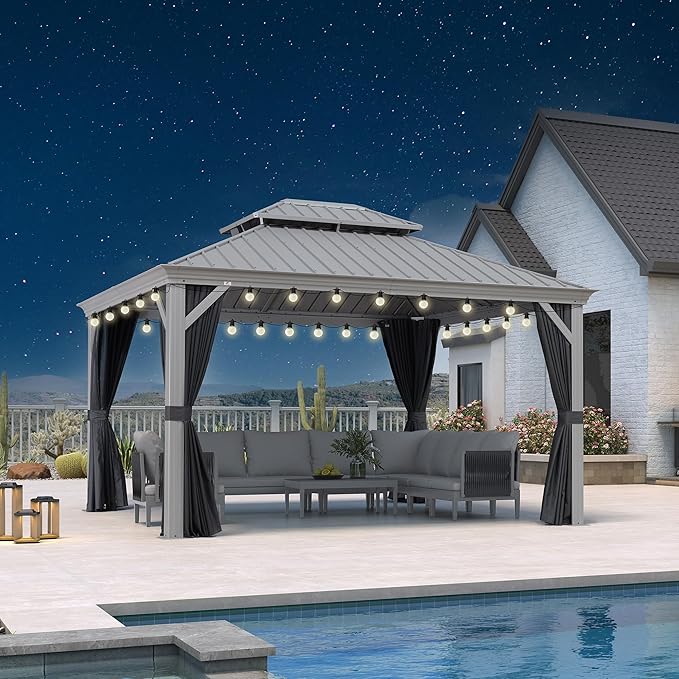 PURPLE LEAF 11' x 13' Hardtop Aluminum Gazebo with Double Metal Roof Heavy Duty All Weather Permanent Gazebo for Pool Patio Deck Lawn Garden All Weather Outdoor Pavilion Gazebos, Light Grey