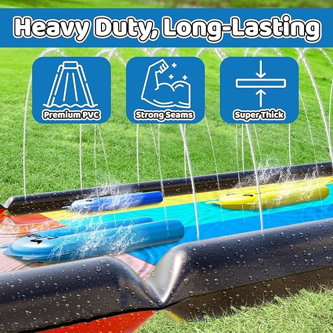 JAMBO XL 20Ft Premium 3 Lane Slip Splash and Slide with 3 Bodyboards, Heavy Duty Water Slide- Advanced 3-Way Water Sprinkler System, Backyard Waterslide Outdoor Water Toys n Slides for Kids