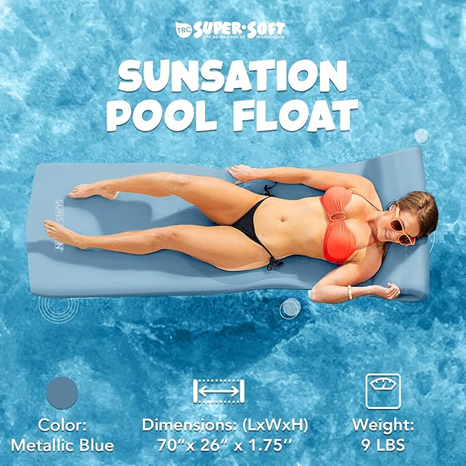 TRC Recreation Sunsation Vinyl Coated Foam Swimming Pool Float Mat Adult Lounger with Built-in Roll Pillow