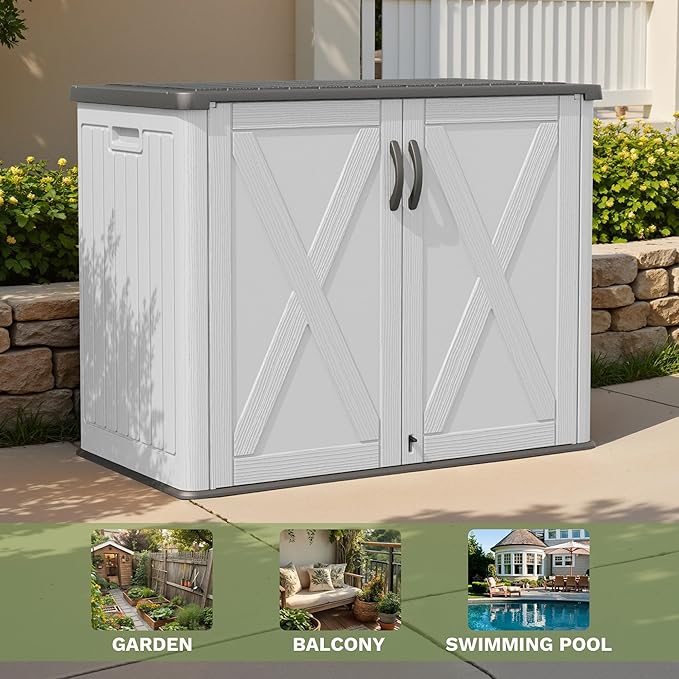 Patiowell 25 Cu.ft Outdoor Storage Cabinet with Lockable Door, Waterproof Horizontal Storage Shed for Tools and Patio Furniture, All-Weather Resin Shed Easy Assemble for Pool or Backyards, White