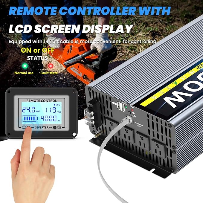 24V 4000W Pure Sine Wave Inverter 24V DC to 110V/120V AC Converter with 4AC Outlets, 5V/3.4A USB, Remote Control with on-Screen Display, Off-Grid Solar Power Inverter for Truck, Home, Vehicles, RV
