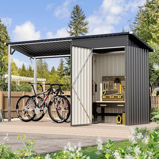 AECOJOY 10x4 Outdoor Open-Sided Storage Shed, 5x3 FT Sheds & Outdoor Storage Clearance with 5x3 Covered Porch, 30 Sq.Ft Covered, 2-in-1 Metal Small Shed with Attached Hardtop Metal Pergola Gazebo