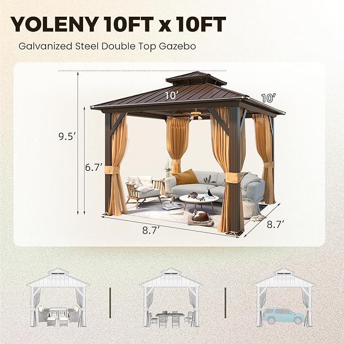 YOLENY 10' x 10' Gazebo Hardtop with Aluminum Frame,Galvanized Steel Double Roof Gazebos with Curtain and Netting,Outdoor Metal Pergolas for Garden, Lawn, Deck, Brown