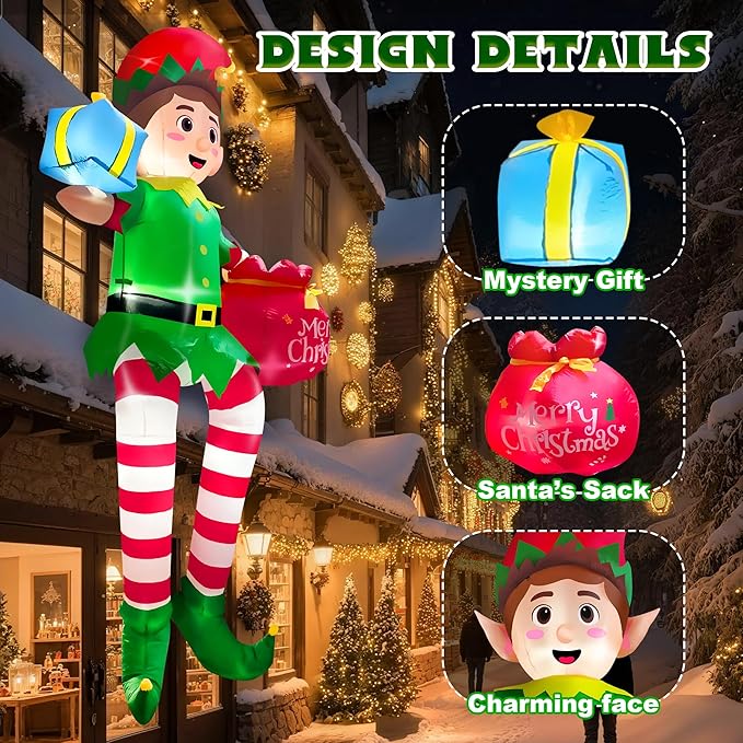 10FT Christmas Inflatable Outdoor Decoration, Sitting Elf Inflatable Christmas Blow up Yard Decorations with LED Lights, Elf Outdoor Decoration for Garden Lawn Roof